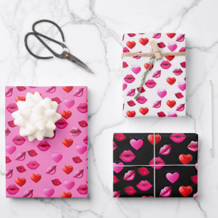 Romantic Pink & Black Hearts & Kisses Valentine's Wrapping Paper Sheets