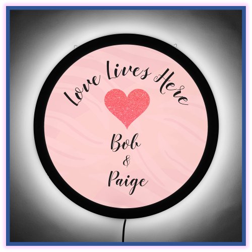 Romantic Pink  Black Love Lives Here Heart LED Sign