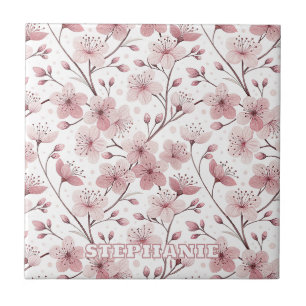 Romantic Pink Blossom Branches White Floral Ceramic Tile