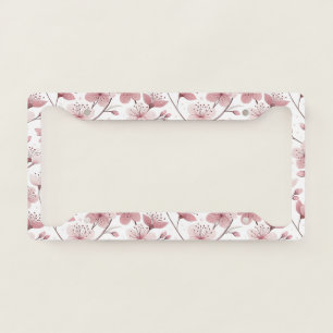 Romantic Pink Blossom Branches White Floral License Plate Frame