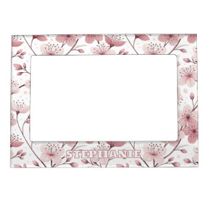 Romantic Pink Blossom Branches White Floral Magnetic Frame