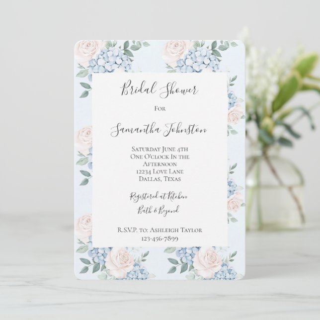 Romantic Pink Blue Flowers Bridal Shower  Invitation (Standing Front)