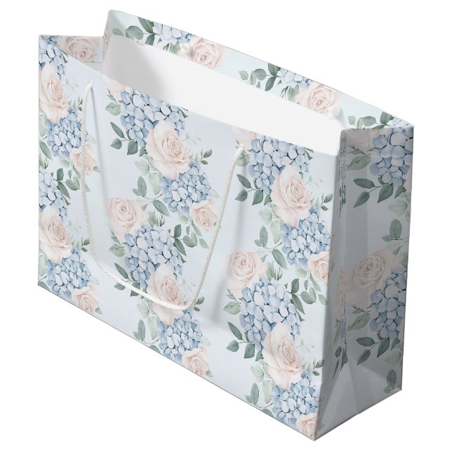 Romantic Pink Blue Flowers Bridal Shower Large Gift Bag (Front Angled)