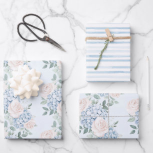 Romantic Pink Blue Flowers Bridal Shower Wrapping Paper Sheets