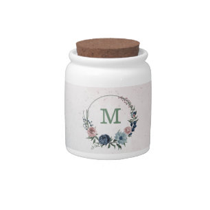 Romantic pink blue flowers greenery candy jar