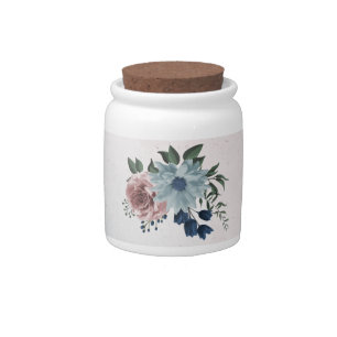 Romantic pink blue flowers greenery candy jar