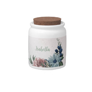 Romantic pink blue flowers greenery candy jar