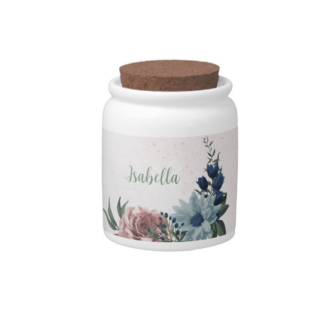 Romantic pink blue flowers greenery candy jar (Front)