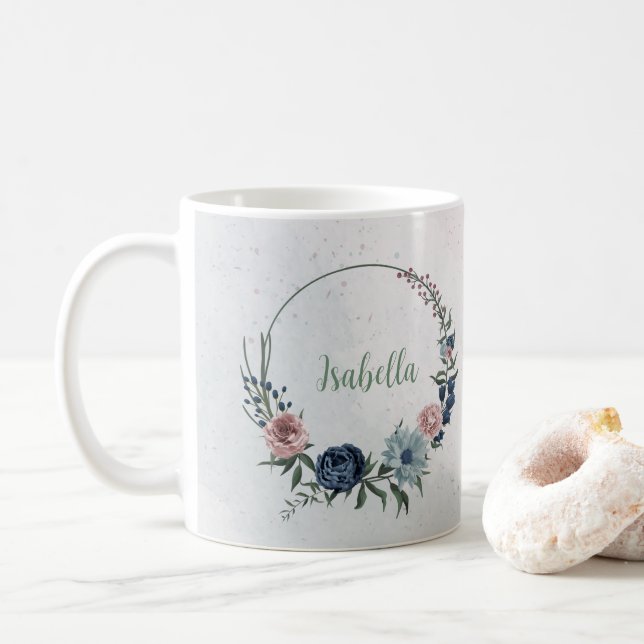 Romantic pink blue flowers greenery coffee mug (With Donut)