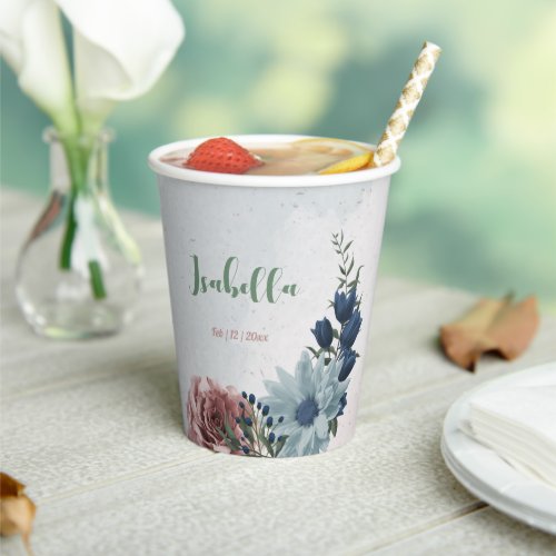 Romantic pink blue flowers greenery  paper cups