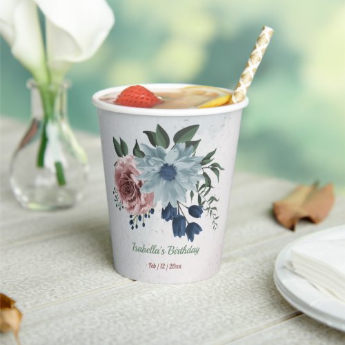 Romantic pink blue flowers greenery paper cups