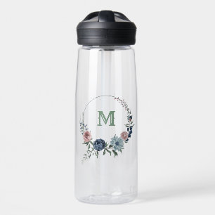 Romantic pink blue flowers greenery water bottle