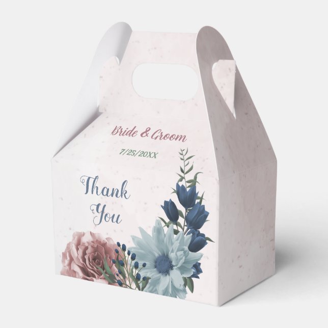 Romantic pink blue flowers greenery wedding favor boxes (Front Side)