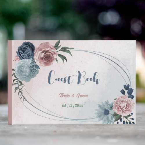 Romantic pink blue flowers greenery wedding guest book