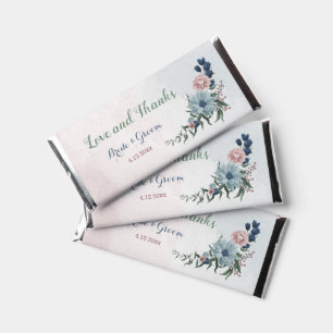 Romantic pink blue flowers greenery wedding hershey bar favors