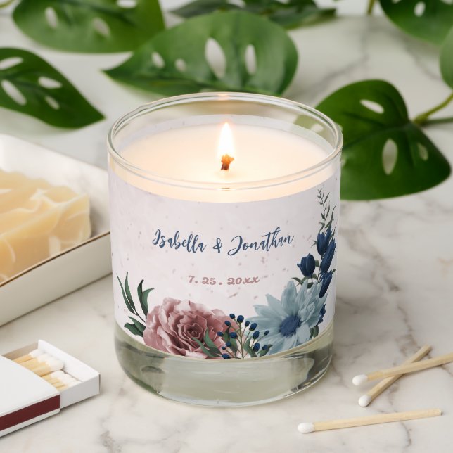 Romantic pink blue flowers greenery wedding scented candle (Lit)