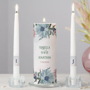 Romantic pink blue flowers greenery wedding unity candle set