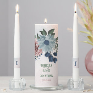 Romantic pink blue flowers greenery wedding unity candle set