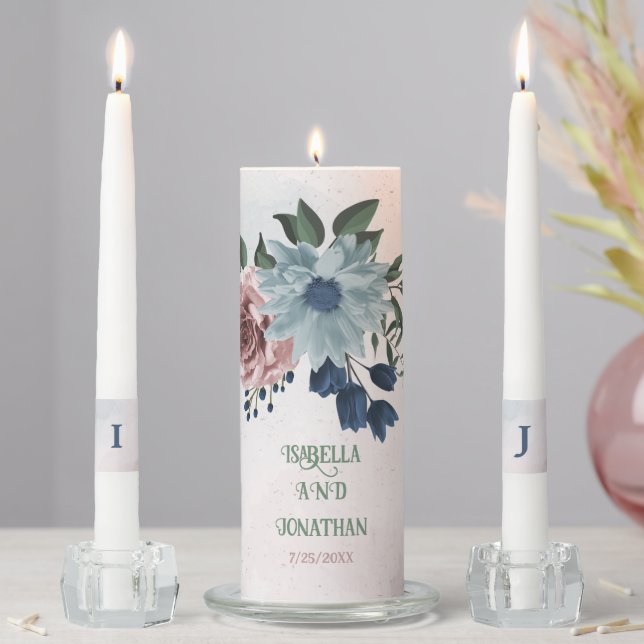 Romantic pink blue flowers greenery wedding unity candle set (In Situ)