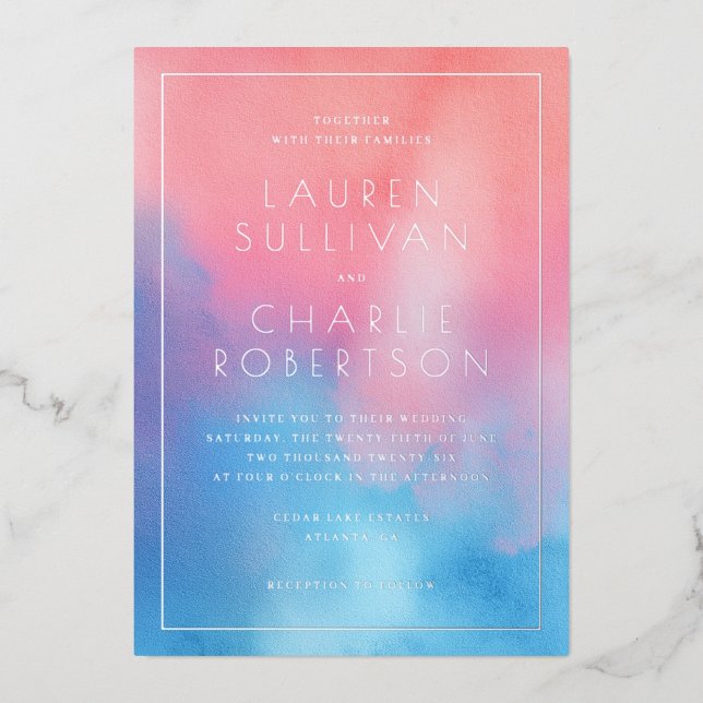 Romantic Pink Blue Ombre Foil Invitation (Front)