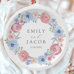 Romantic Pink & Blue Watercolor Floral wedding Paper Plates