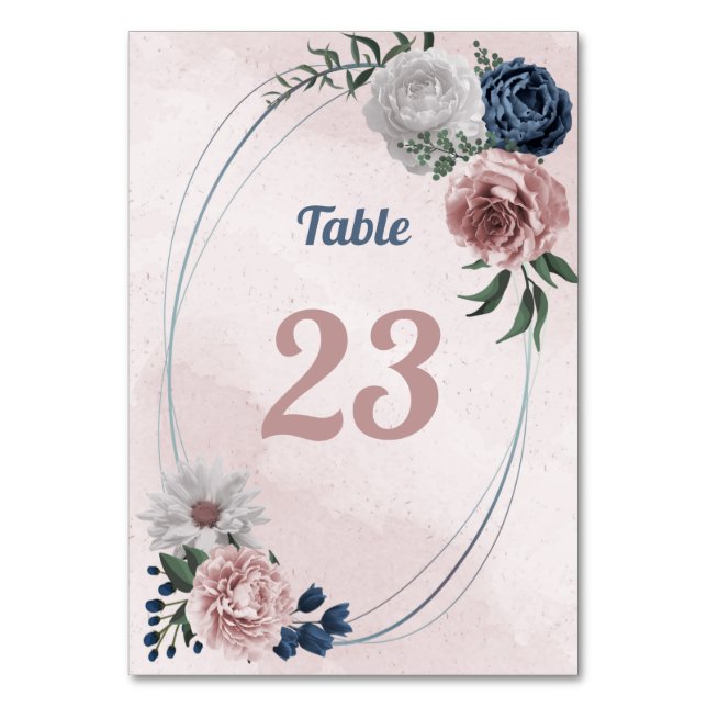 romantic pink blue & white floral greenery table number (Front)