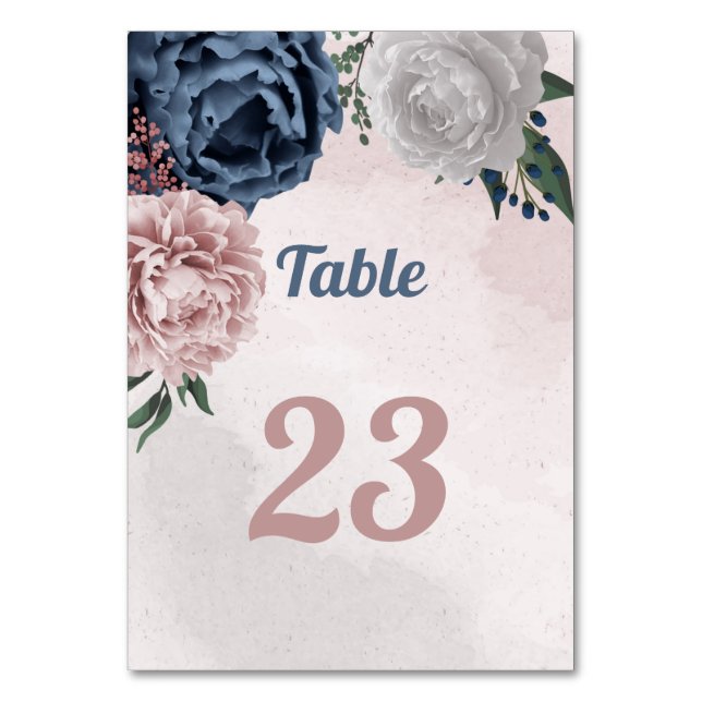 romantic pink blue & white floral greenery table number (Front)
