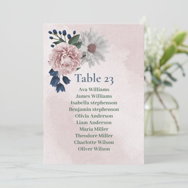 romantic pink blue white greenery seating chart  invitation (Standing Front)