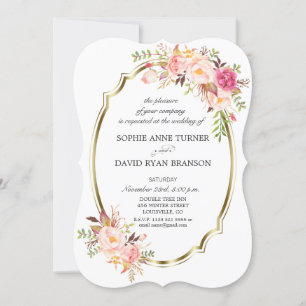 Romantic Pink Blush Floral Gold Frame Wedding Invitation