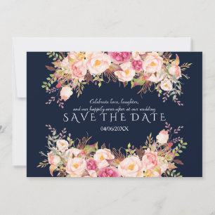 Romantic Pink Blush Flowers Navy Blue Wedding Save The Date