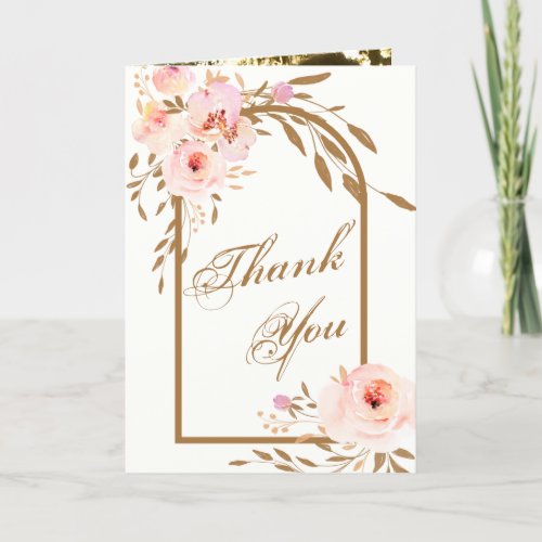 Romantic Pink Blush Gold Floral Wedding Photo Thank You Card