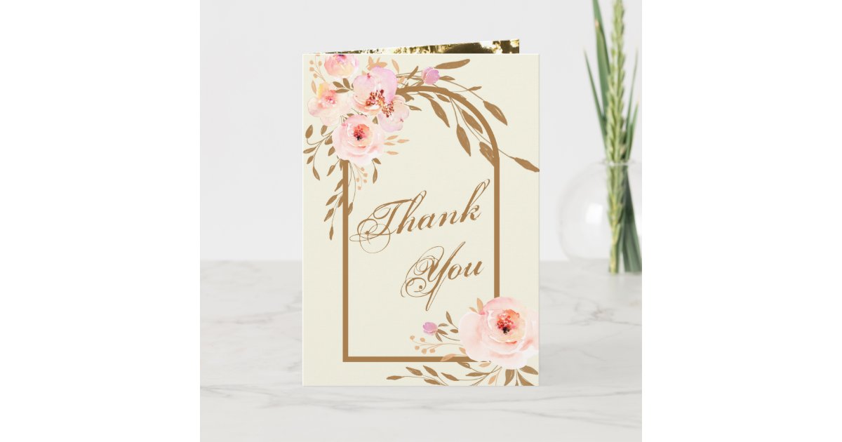Romantic Pink Blush Gold Floral Wedding Photo Thank You Card | Zazzle