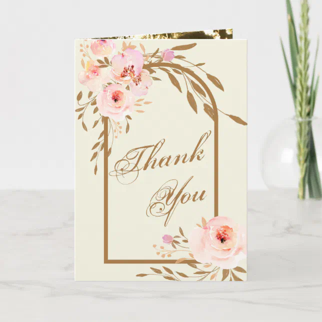 Romantic Pink Blush Gold Floral Wedding Photo Thank You Card | Zazzle