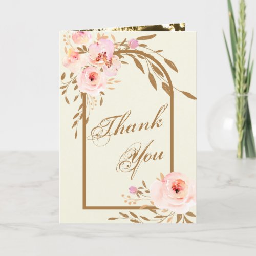 Romantic Pink Blush Gold Floral Wedding Photo Thank You Card