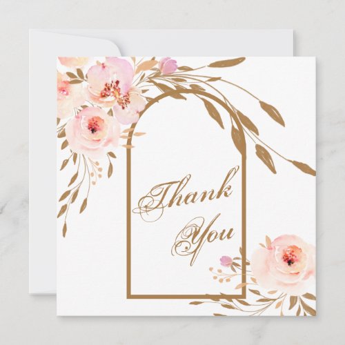 Romantic Pink Blush Gold Floral Wedding Photo Thank You Card