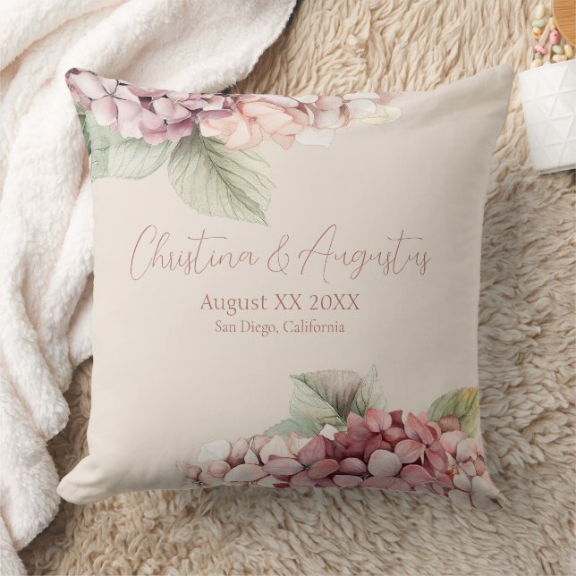 Romantic Pink & Blush Hydrangea Flowers Throw Pillow (Blanket)