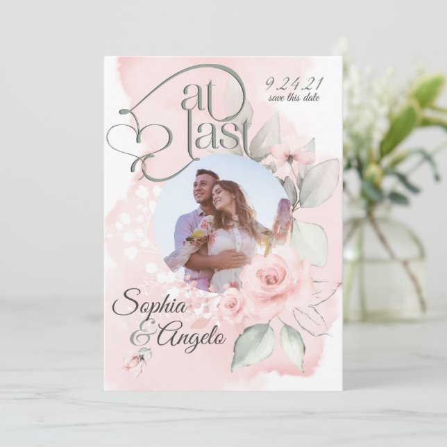 Romantic Pink Blush Rose At Last Save the Date (Standing Front)