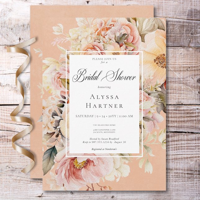 Romantic Pink & Blush Roses Peach Bridal Shower Invitation (Romantic Pink & Blush Roses Peach Bridal Shower Invitation)