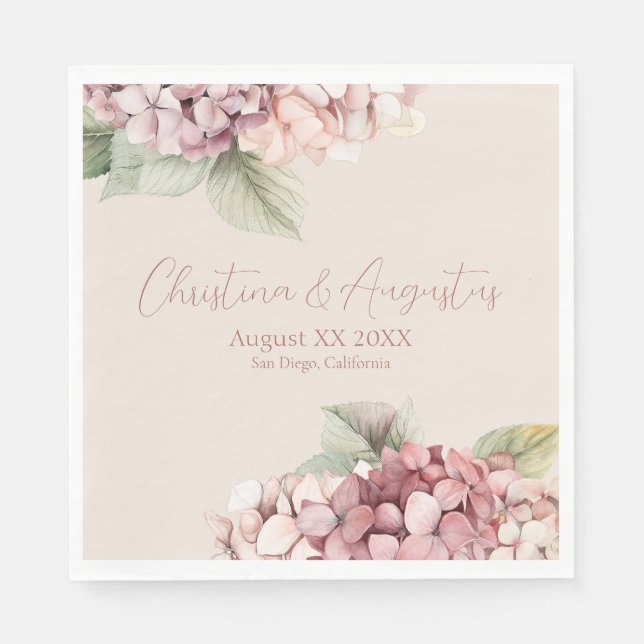 Romantic Pink & Blush Watercolor Hydrangea Flowers Napkins (Front)