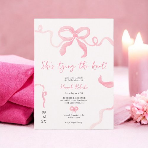 Romantic pink bow ribbon watercolor bridal shower invitation