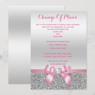 Romantic Pink Bow & Silver Glitter Change Of Plan Invitation