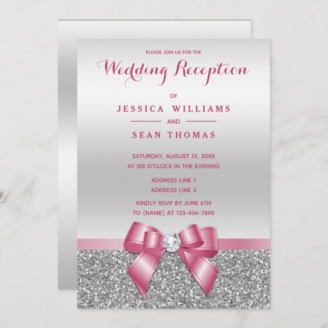 Romantic Pink Bow, Silver Glitter Reception Invitation (Front/Back)