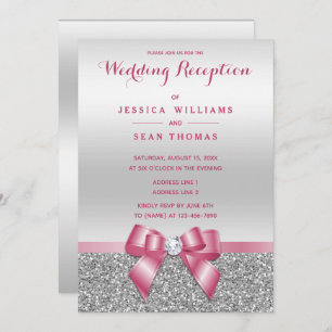 Romantic Pink Bow, Silver Glitter Reception Invitation