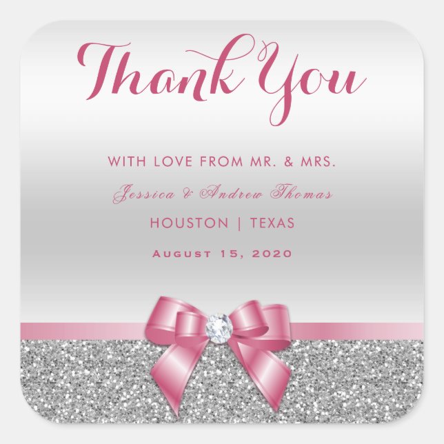 Romantic Pink Bow & Silver Glitter Thank You Square Sticker (Front)