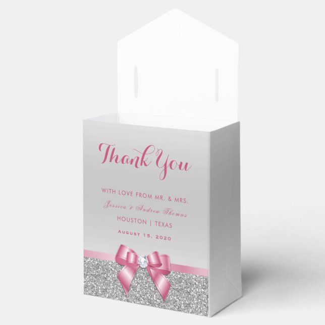 Romantic Pink Bow & Silver Glitter Wedding Favor Boxes (Opened)