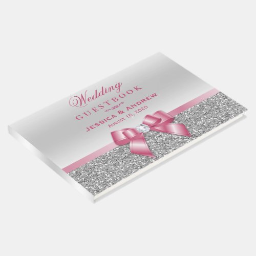 Romantic Pink Bow  Silver Glitter Wedding Guest Book