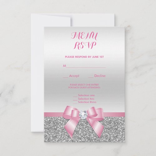 Romantic Pink Bow  Silver Glitter Wedding Menu