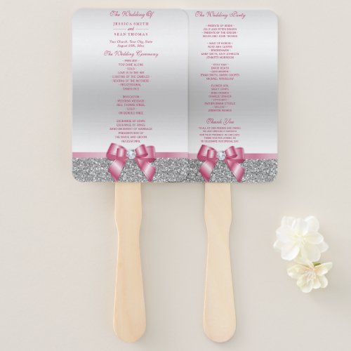 Romantic Pink Bow Silver Glitter Wedding Program Hand Fan