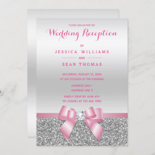 Romantic Pink Bow Silver Glitter Wedding Reception Invitation