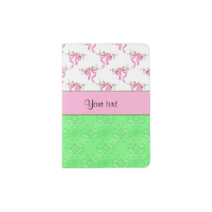 Romantic Pink Bows & Green Damask Passport Holder